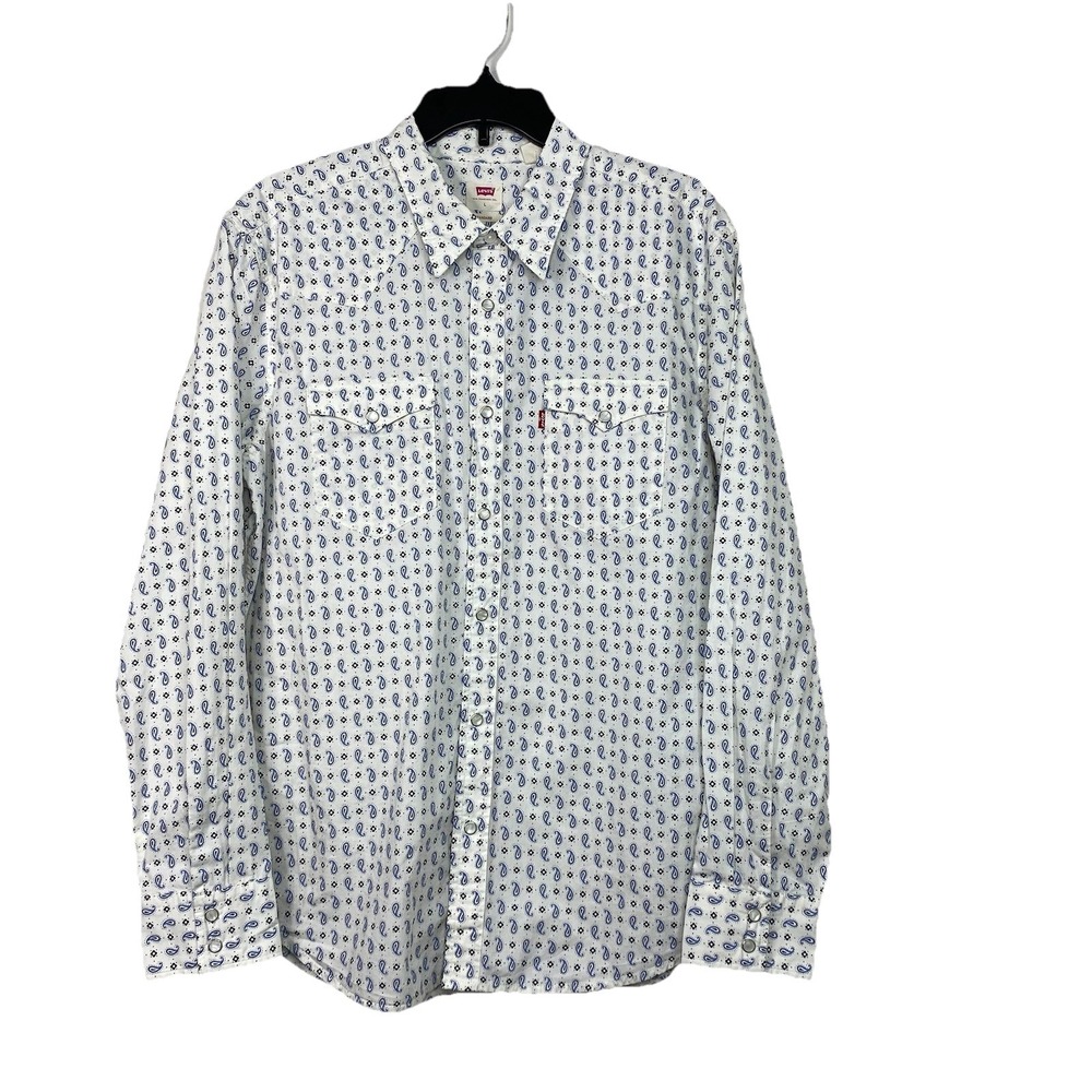Levi's Men's L Classic Western Standard Fit Shirt Pearl Snap Cream‎ Blue Paisley